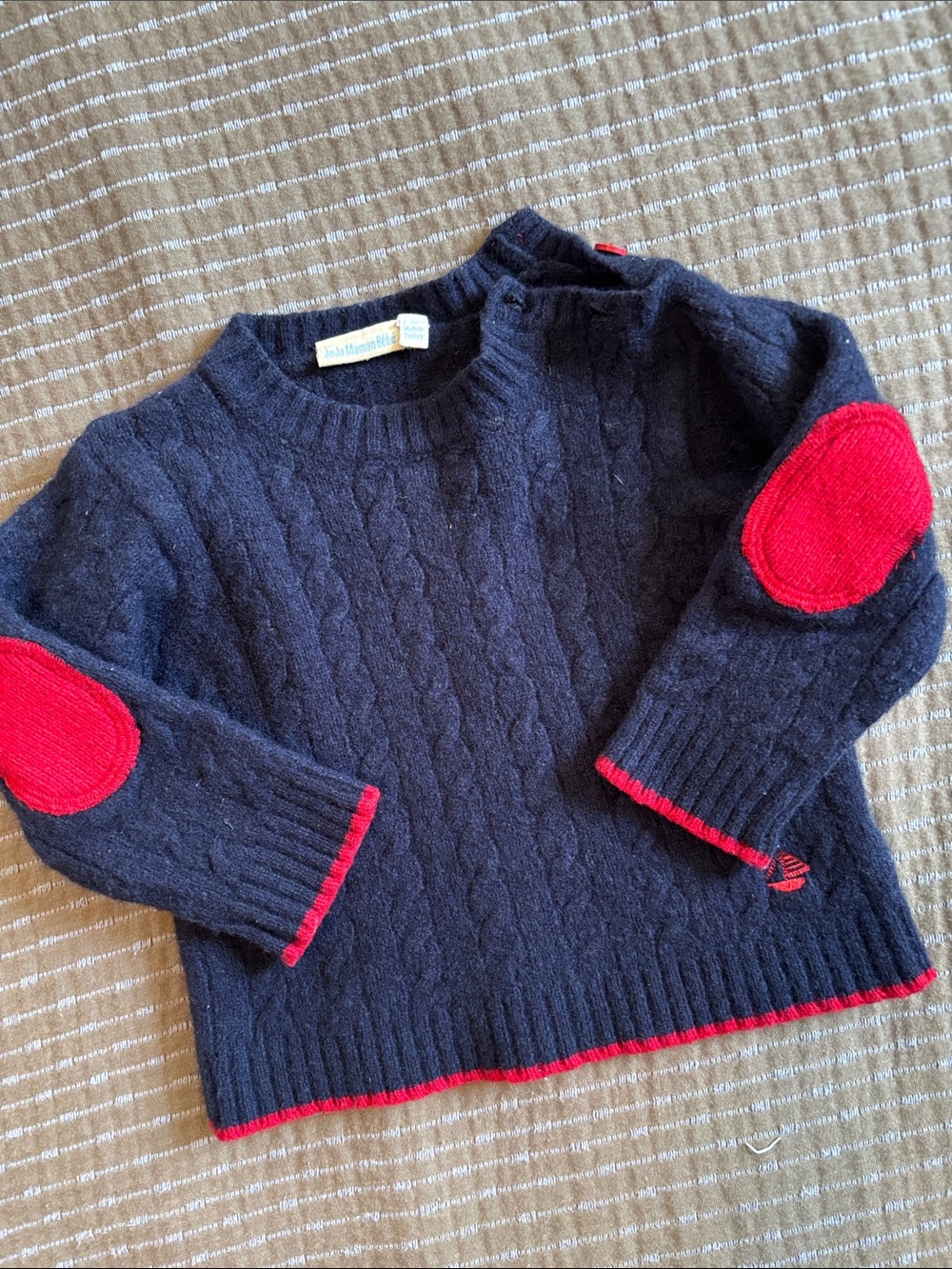 JoJo Maman Bébé Toddler Navy Cable Knit Sweater Red Elbow Patches Size 2T